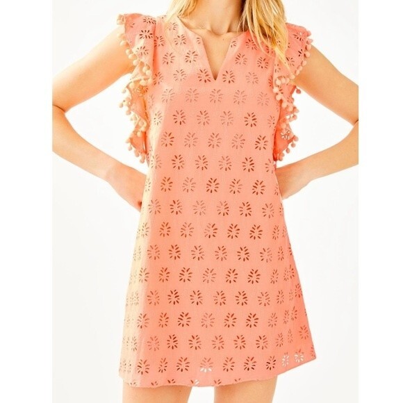 Lilly Pulitzer Astara Palm Tree Eyelet in Peach Flamingo Cotton Dress Size S NWT - Picture 1 of 16